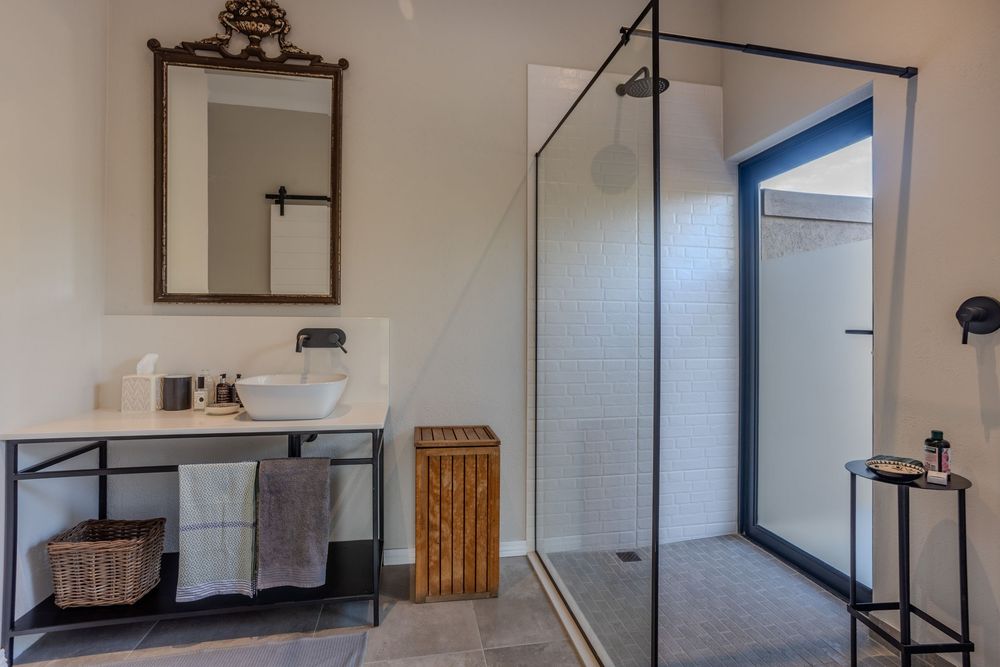 Luxury bathroom with walk-in shower and double vanity